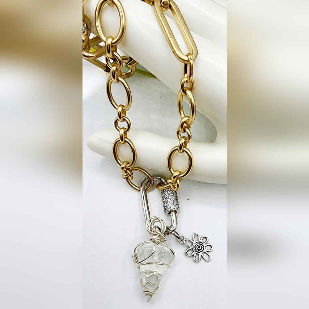 Worn gold chain necklace, 22inch, wirewrapped stone pendant,